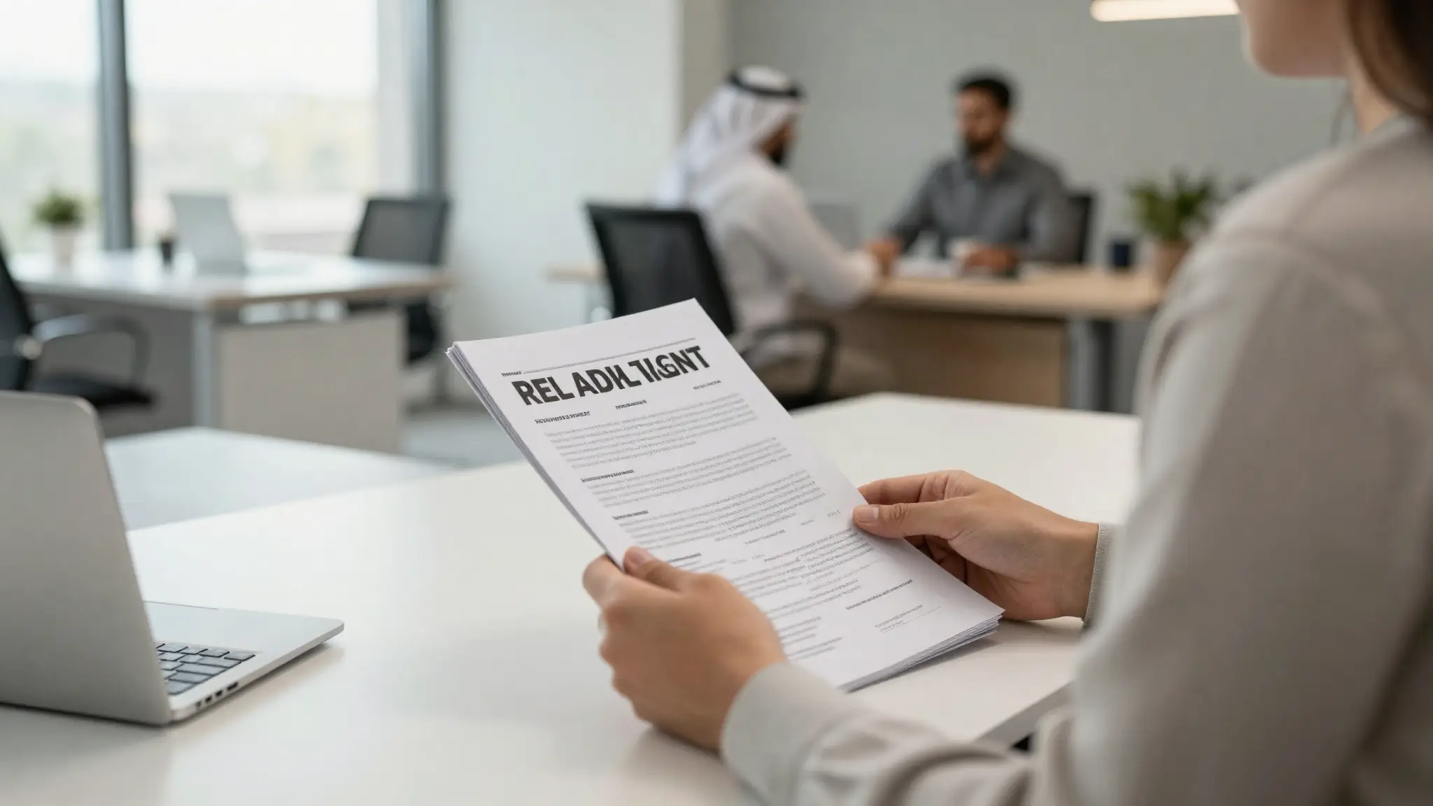 مشهد مقابلة توظيف في مكتب حديث مع مرشح يحمل سيرته الذاتية أمام مسؤول الموارد البشرية